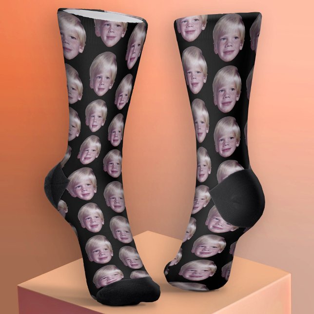 Add Your Floating Head Photo Pattern - Black Socks (Custom Face Socks - Add Your Photo)