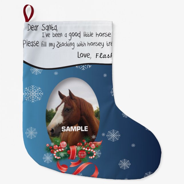 ADD YOUR HORSE Photo and Name Dear Santa Large Christmas Stocking (Front)