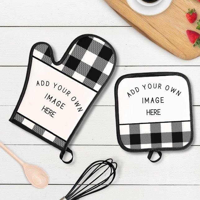 Add your Image/ Logo Black and White Buffalo Plaid Oven Mitt & Pot Holder Set (Creator Uploaded)
