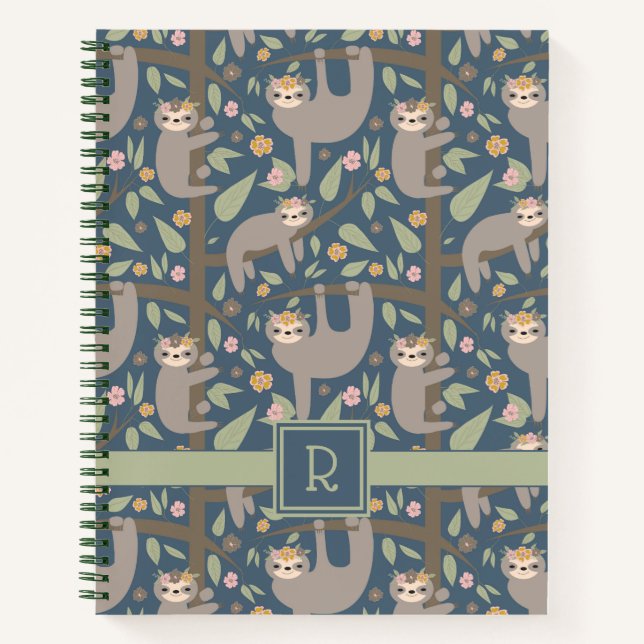Add Your Initial | Cute Floral Sloth Pattern Notebook (Front)