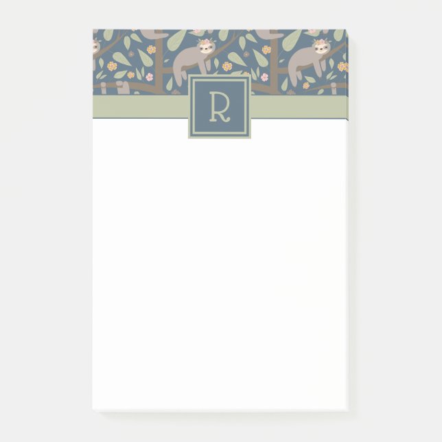 Add Your Initial | Cute Floral Sloth Pattern Post-it Notes (Front)