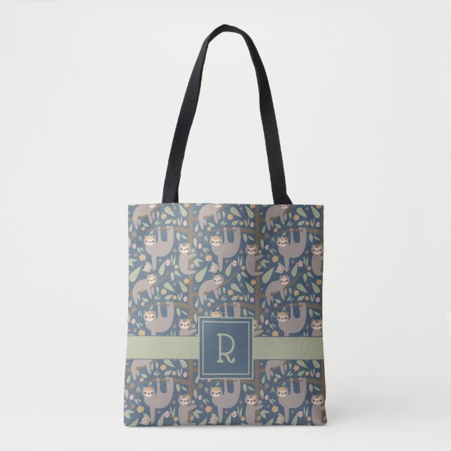 Add Your Initial | Cute Floral Sloth Pattern Tote Bag (Front)