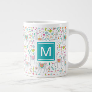 Add Your Initial   Cute Pastel Llama Pattern Large Coffee Mug