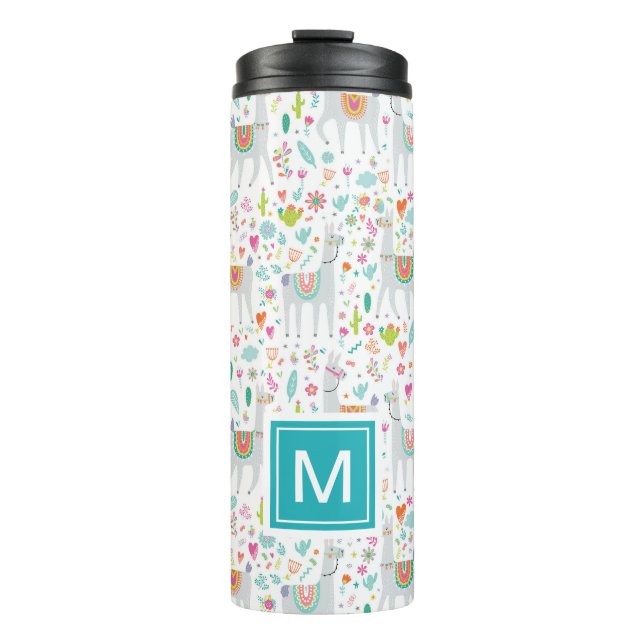 Add Your Initial | Cute Pastel Llama Pattern Thermal Tumbler (Front)