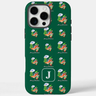 Add Your Initial Green Merry Christmas Pattern iPhone 16 Pro Max Case