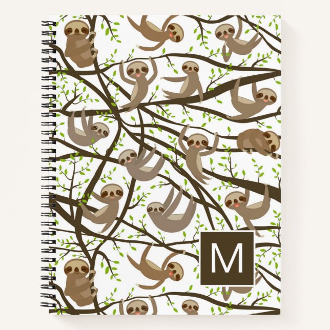 Add Your Initial | Smiling Sloth Pattern Notebook (Front)