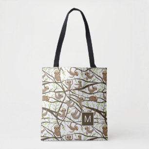 Add Your Initial   Smiling Sloth Pattern Tote Bag