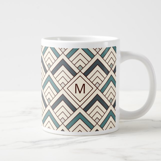 Add Your Initial | Teal Geometric Pattern Large Coffee Mug (Right)