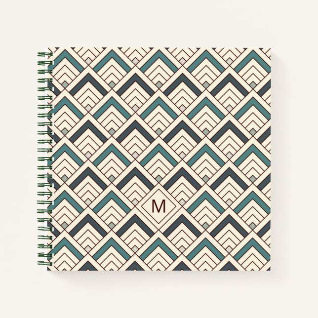 Add Your Initial | Teal Geometric Pattern Notebook (Front)