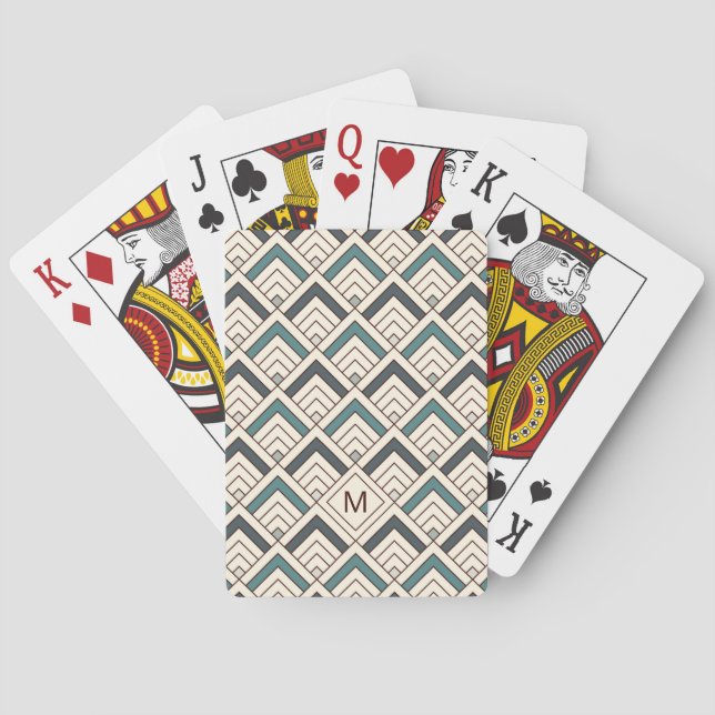Add Your Initial | Teal Geometric Pattern Playing Cards (Back)