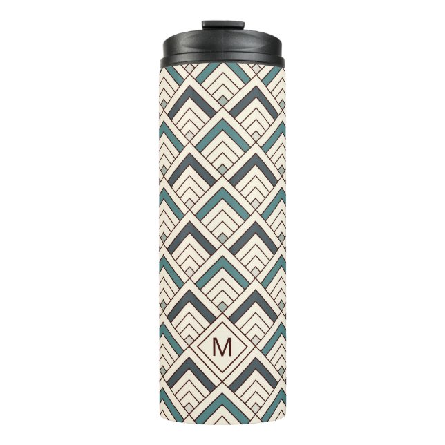 Add Your Initial | Teal Geometric Pattern Thermal Tumbler (Front)