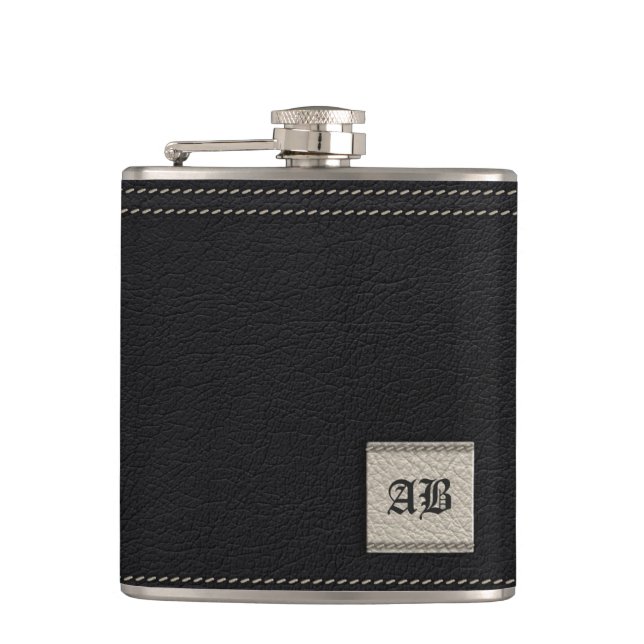 Add your initials - white and  black leather hip flask (Front)