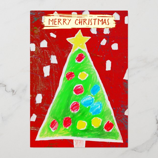    Add Your Kid's Drawing & Photo Cute Custom Xmas Foil Holiday Card (Front)