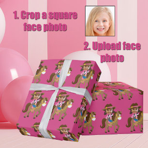 Add Your Kids Face Photo Pink Cowgirl Cute Wrapping Paper