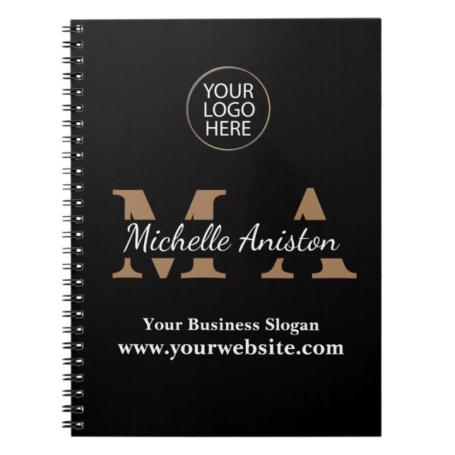 Add your Logo Black Gold Monogram Minimalist  Notebook (Front)