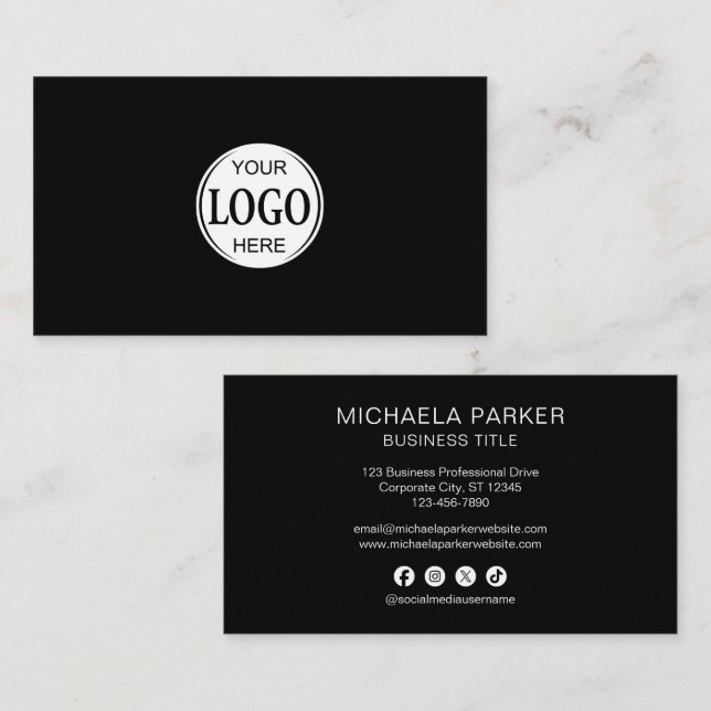 Add Your Logo Black Professional Social Media Business Card (Front/Back)