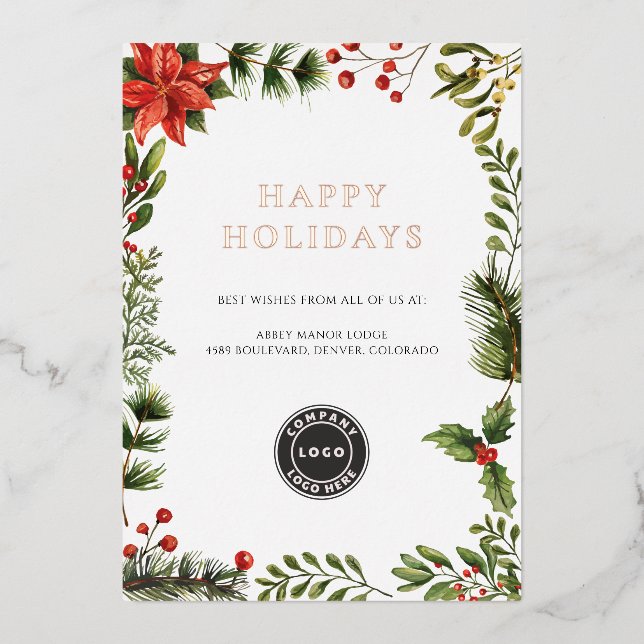 Add Your Logo Business Floral Christmas Rose Gold Foil Holiday Card (Front)