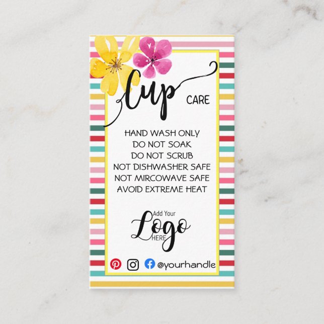 ADD YOUR LOGO cup CARE CARDS vinyl business (Front)