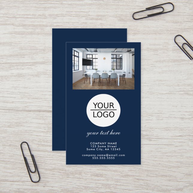 Add your Logo Custom Text Promotion Photo Blue Business Card (Front/Back In Situ)