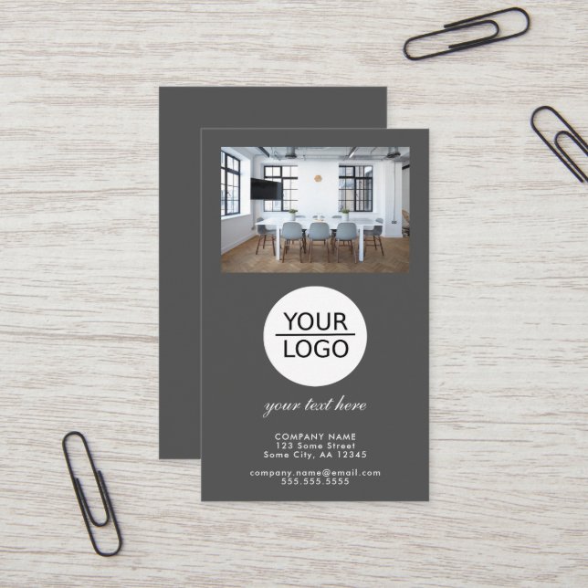 Add your Logo Custom Text Promotion Photo Grey Business Card (Front/Back In Situ)