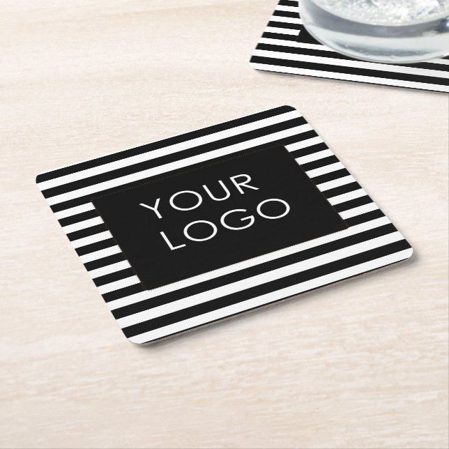 Add Your Logo Customisable Business Black Stripe   Square Paper Coaster (Angled)