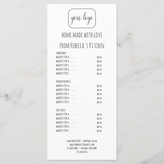 Add Your Logo Homemade  Bakery Price List & Menu (Front)