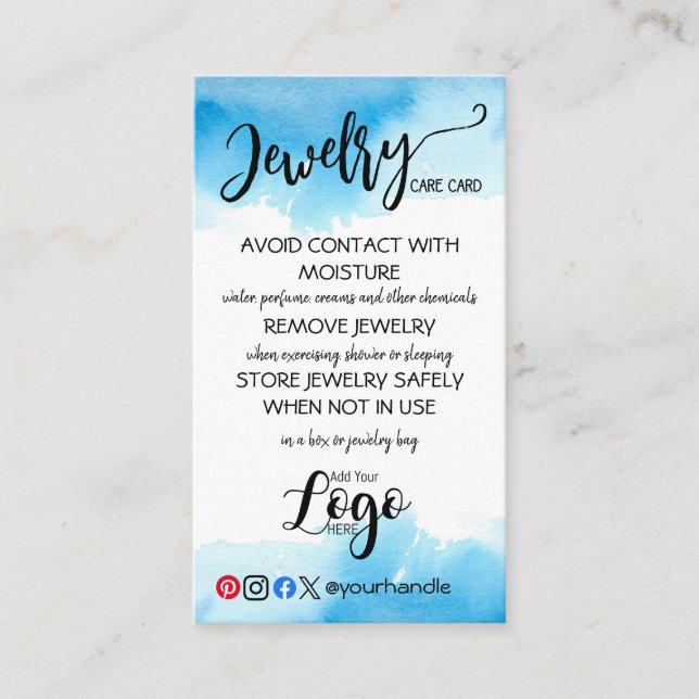 ADD YOUR LOGO jewelry CARE CARDS small business US (Front)