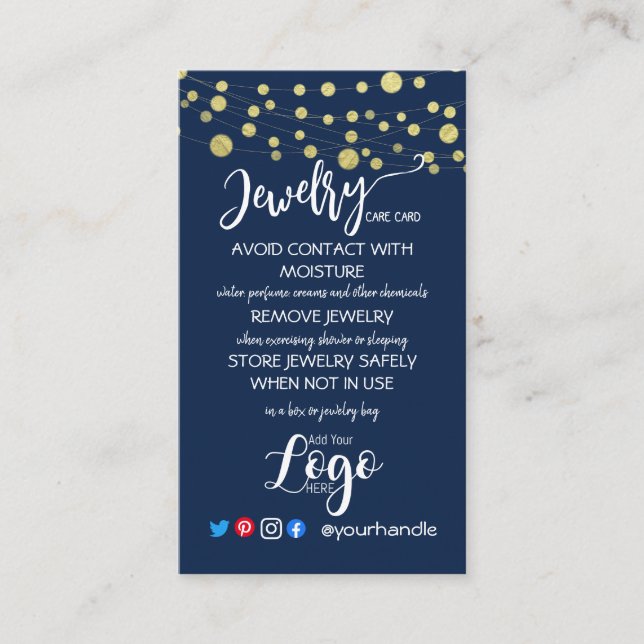 ADD YOUR LOGO jewelry CARE CARDS small US blue (Front)