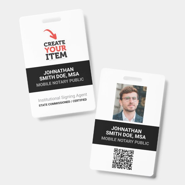 Add your Logo Mobile Notary Public QR Code ID Badge (Front & Back)