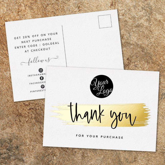    Add Your Logo Modern Black White Gold Thank You Foil Holiday Card (Creator Uploaded)