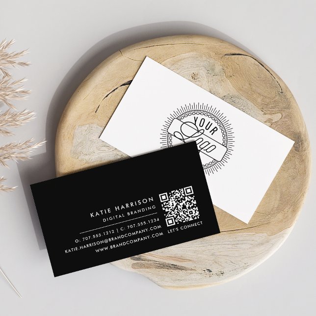 Add Your Logo Modern Minimal Black & White QR Code Business Card (Creator Uploaded)