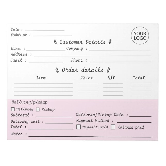 Add Your Logo Pastry Cupcake Bakery Order Form     Notepad (Front)