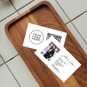 Add Your Logo Photo QR White Simple Professional Business Card