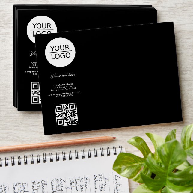 Add your Logo QR Code Custom Text Promotion Black  Envelope (Stacked)
