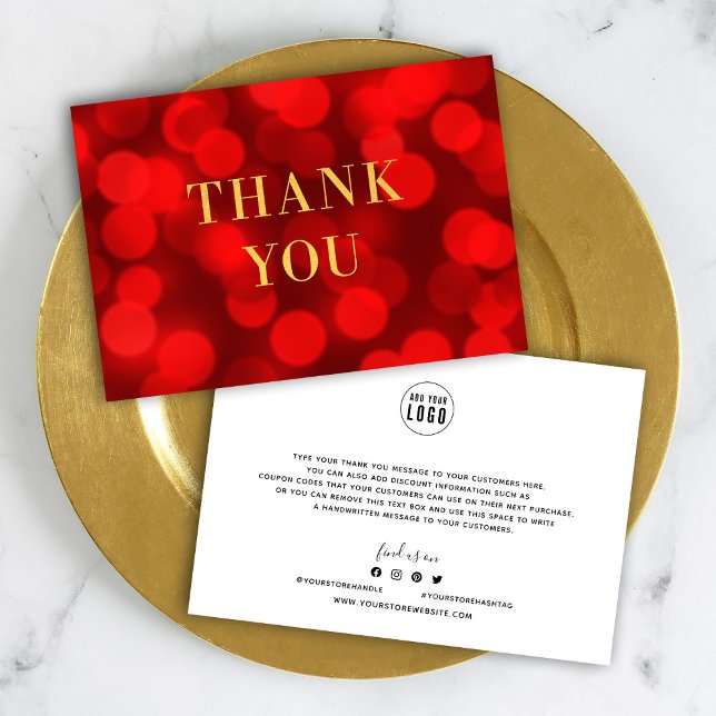 Add Your Logo Ruby Red Bokeh Lights Faux Gold Thank You Card (Creator Uploaded)