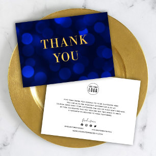 Add Your Logo Sapphire Blue Bokeh Lights Faux Gold Thank You Card