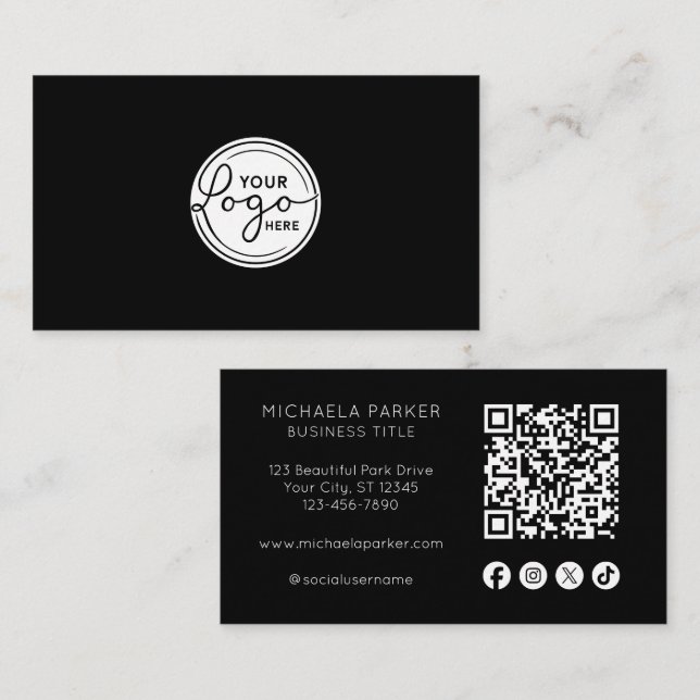 Add Your Logo Social Icon QR Code Professional Business Card (Front/Back)