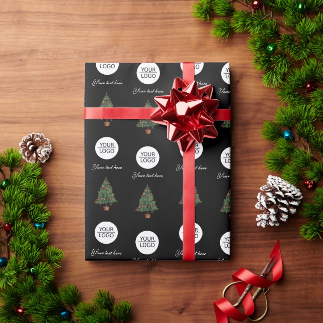 Add your Logo Text Promotion Christmas Tree Black Wrapping Paper (Holiday Gift)