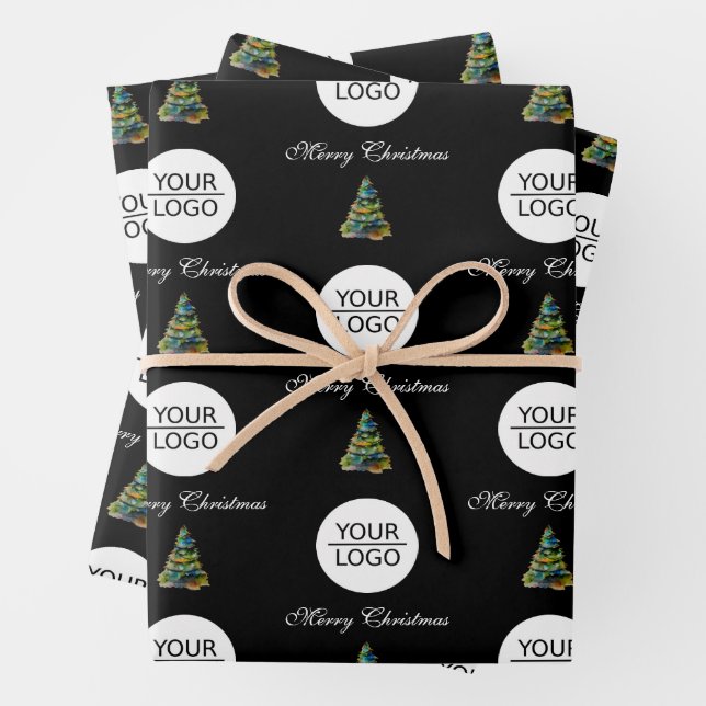 Add your Logo Text Promotion Christmas Tree Black Wrapping Paper Sheet (In situ)