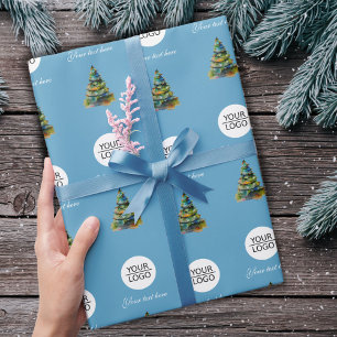 Add your Logo Text Promotion Christmas Tree Blue Wrapping Paper