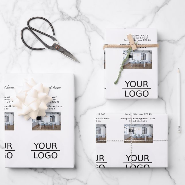 Add your Logo with Custom Text Photo Promotion Wrapping Paper Sheet (Front)