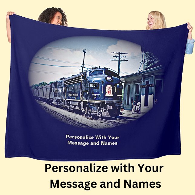 Add Your Message & Names, Blue Diesel Train Engine Fleece Blanket (Creator Uploaded)
