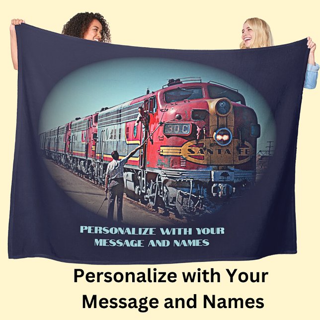 Add Your Message & Names, Blue Diesel Train Engine Fleece Blanket (Creator Uploaded)