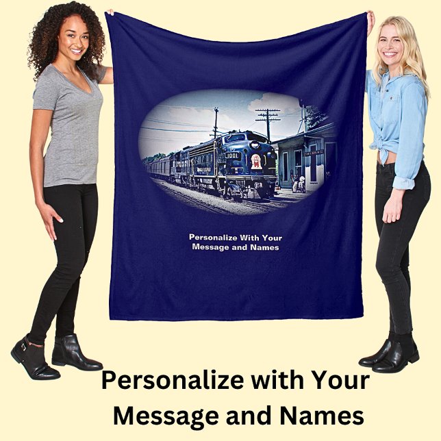 Add Your Message & Names, Blue Diesel Train Engine Fleece Blanket (Creator Uploaded)