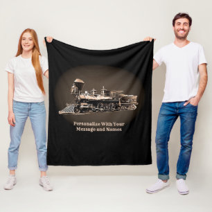 Add Your Message & Names, Brown Steam Train Engine Fleece Blanket