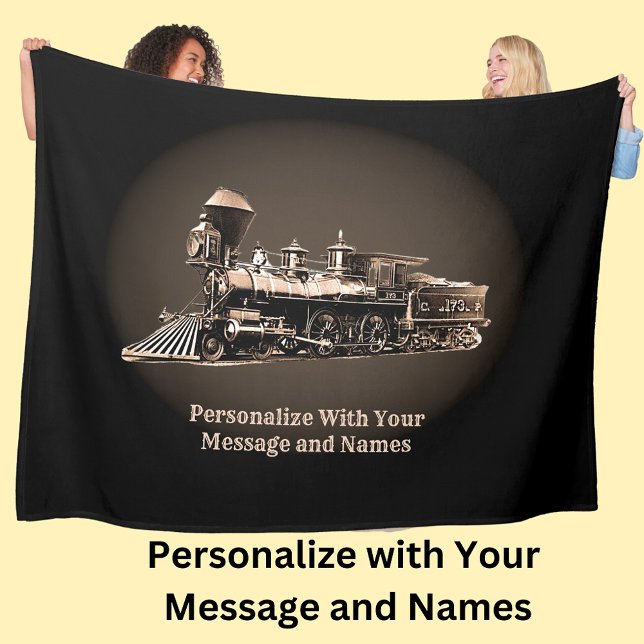 Add Your Message & Names, Brown Steam Train Engine Fleece Blanket (Creator Uploaded)