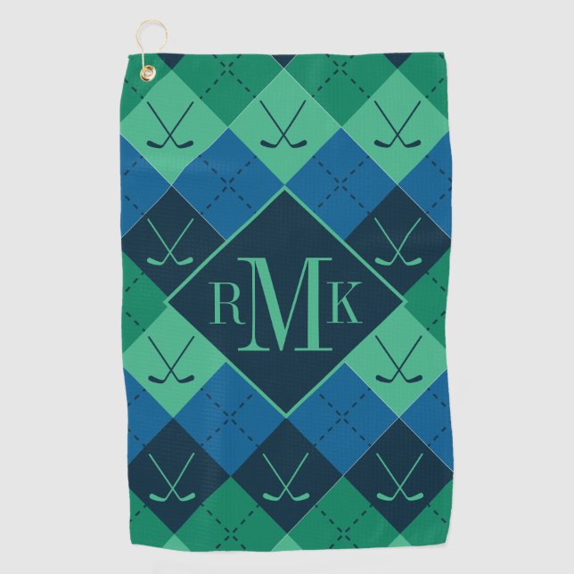 Add Your Monogram | Blue & Green Argyle Pattern Golf Towel (Front)