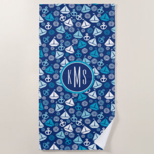 Add Your Monogram Cartoon Pattern With Sailboats Beach Towel