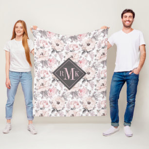 Add Your Monogram   Classic Pink & Grey Pattern Fleece Blanket