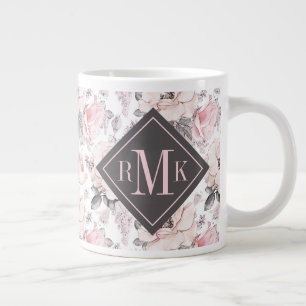 Add Your Monogram Classic Pink & Grey Pattern Large Coffee Mug